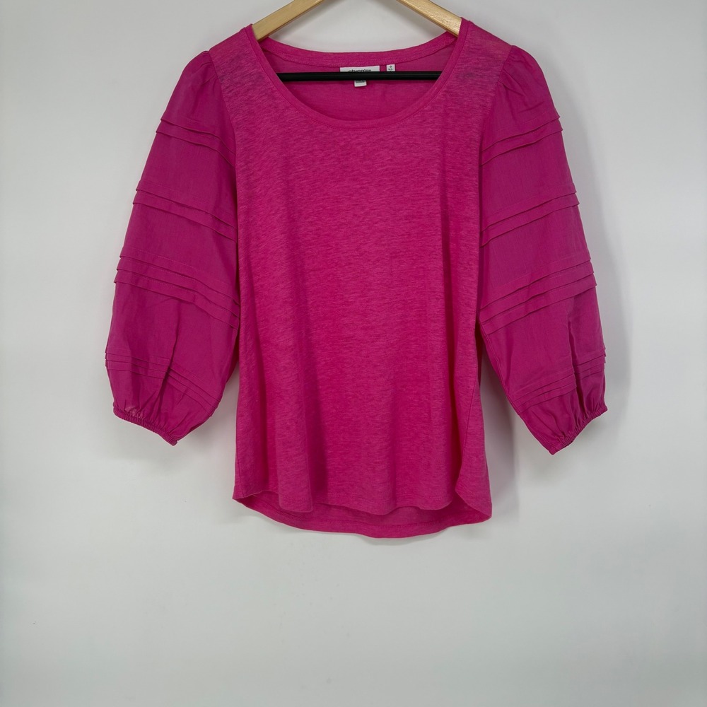 Chicos Pink Linen Pintuck Puff Sleeve Scoop Neck Top Size Small Feminine Coastal